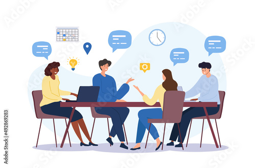 Business communication concept. Group of employees discussing idea at table. Brainstorming and company development, directors council or analytical department. Cartoon flat vector illustration photo