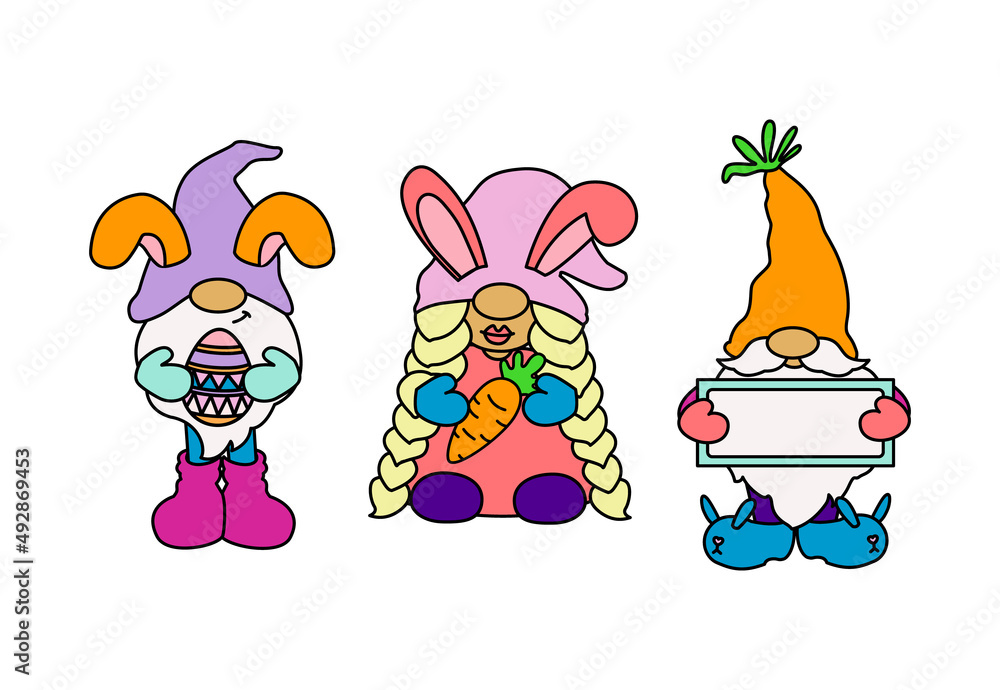 Fototapeta premium Three Easter gnomes. Bunny ears, Easter eggs. Cute hand drawn vector illustration. Isolated white background. For Easter decor, cutouts, invitations and postcards