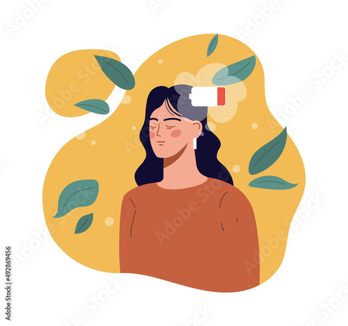 Woman with battery. Young girl tired, emotional burnout from stress at work, overworked character with low energy. Character focuses on breathing, soothing techniques. Cartoon flat vector illustration