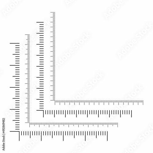 Vector illustration of different corner rulers isolated on white background. Set of measure instrument lines in flat style. Vertical and horizontal measuring scales. Markup for rulers.
