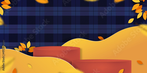 Autumn background with Podium Display Cylinder Stand in Studio Room with Maple Leaves on tartan, plaid pattern wall,Vector 3D Showcase in with leaves on frame Product Presentation for fall season sale