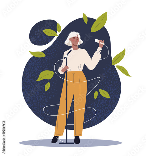 Woman holding microphone. Public speaking and successful orator. Poster or banner for website. Humorous show and stand up. Creative personality and strong character. Cartoon flat vector illustration