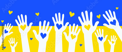 hands with hearts  blue and yellow hearts,  Stop war, Pray for Ukraine
