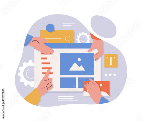 Concept of programming. Employees develop design for website, interface and user experience. Page optimization for promotion on Internet, coworking and teamwork. Cartoon flat vector illustration