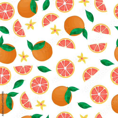 Fototapeta Naklejka Na Ścianę i Meble -  Summer pattern of refreshing citrus fruits. Grapefruit print. Tropical fruits. Summer sweets. Vector illustration