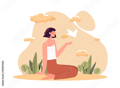 Lovely girl sitting. Woman in nature with birdie  banner or poster. Inner peace and balance. Character on beach or in city park  love for nature and animals. Cartoon flat vector illustration