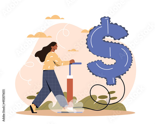 Lot of money concept. Young girl with pump inflates dollar badge. Financial literacy and earnings metaphor. Novice investor or entrepreneur with income growth. Cartoon flat vector illustration