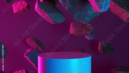 Rocks set on neon pink blue background. Fly rocks pieces background. Podium display for cosmetic product presentation, pedestal or platform. Mockup template for ads design. 3d animation loop in 4K