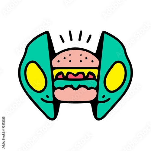 Trendy alien head with cheeseburger inside. Illustration for street wear, t shirt, poster, logo, sticker, or apparel merchandise. Retro and pop art style.