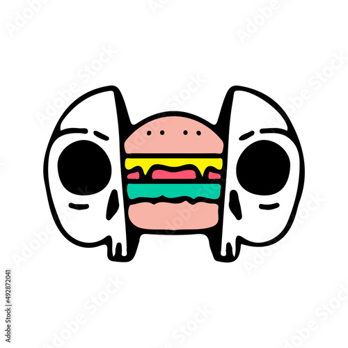 Skull head with hamburger inside. Illustration for street wear, t shirt, poster, logo, sticker, or apparel merchandise. Retro and pop art style.