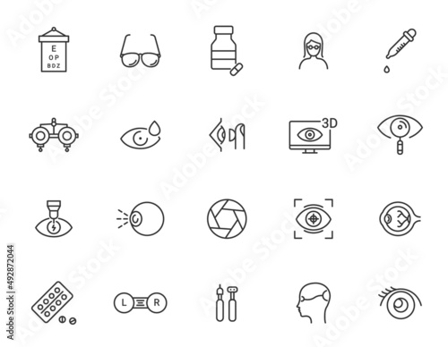 Eye vision stroke icon. Ophthalmology glasses vector optometry health care. Eye lens medical symbol icons