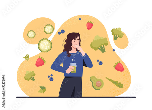Girl with green smoothie. Woman stands with drink in her hands, healthy food. Cocktail of natural and organic food, vegetarian, vegetables and fruits, useful vitamins. Cartoon flat vector illustration