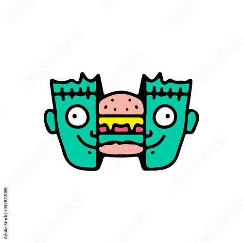 Two half of Frankenstein head with burger inside. Illustration for street wear, t shirt, poster, logo, sticker, or apparel merchandise. Retro and pop art style.