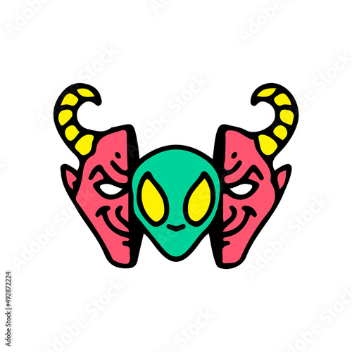 Devil head with alien face inside. Illustration for street wear  t shirt  poster  logo  sticker  or apparel merchandise. Retro and pop art style.