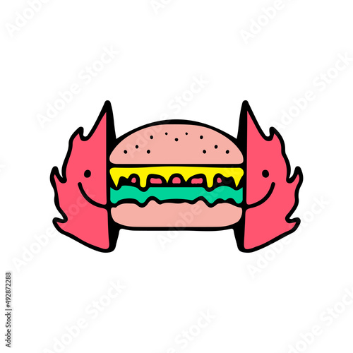 Two half of fire with burger inside. Illustration for street wear, t shirt, poster, logo, sticker, or apparel merchandise. Retro and pop art style.