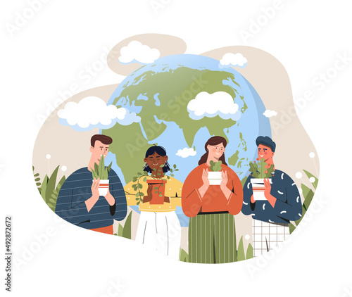 Eco friendly people. Activists take care of ecology, planet protection poster or banner. Advanced society and responsible people. Characters with flower pots. Cartoon flat vector illustration