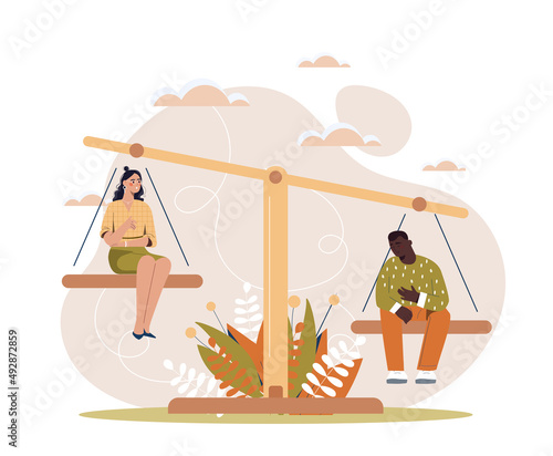 Discrimination and enequal inequality. Man weighs more than girl, equal rights. Tolerance and feminism. Poster or banner, graphic elements for site, female power. Cartoon flat vector illustration