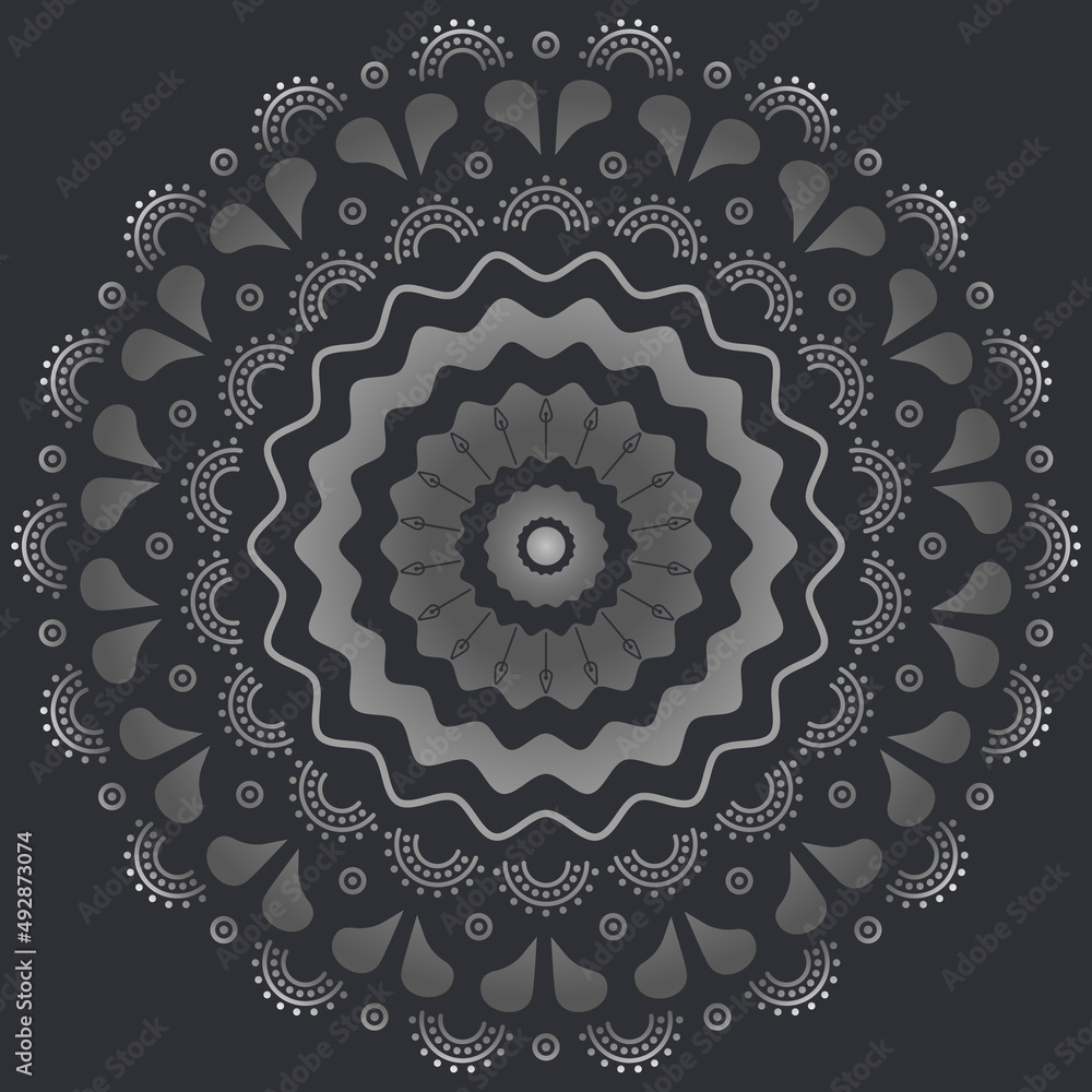 Beautiful silver floral mandala on dark background. Vector boho illustration.