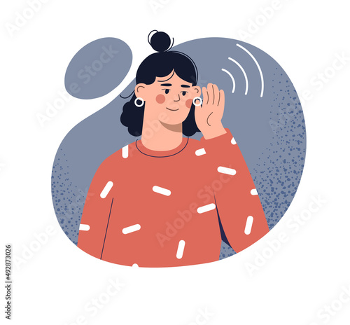 Concept of deafness. Young girl puts her hand to her ear, hearing problems. Health care and treatment. Medical poster or banner, informing about popular diseases. Cartoon flat vector illustration