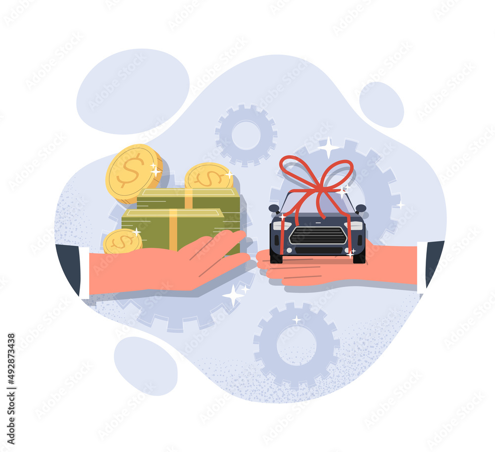 Car rental concept. Businessman holds out money in exchange for car. Successful negotiations, conclusion of deal. Auto dealer giving transport in gift box to buyer. Cartoon flat vector illustration