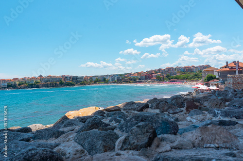 Seascape beach strewn with boulders. Sozopol, Bulgaria