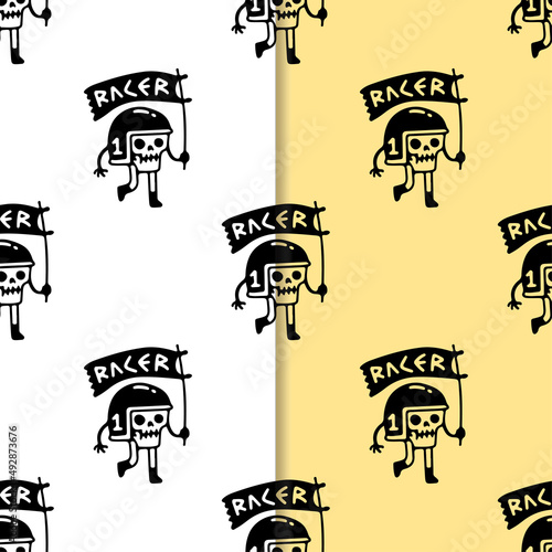 Rider skull holding flag, seamless pattern background illustration for t-shirt, sticker, or apparel merchandise. With doodle, retro, and cartoon style.