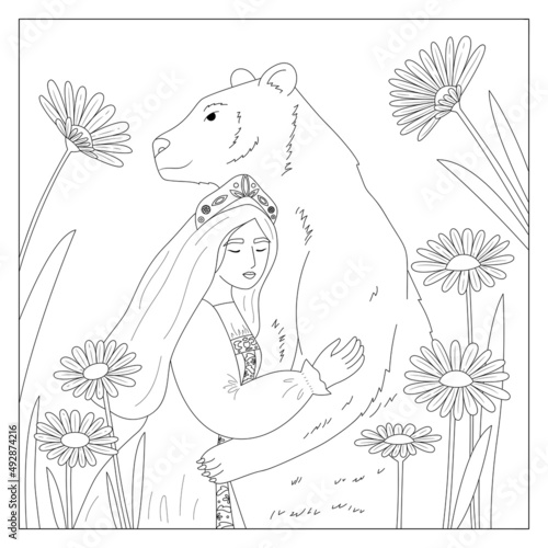 Coloring page with Russian woman in traditional folk costume. Cartoon girl in the Russian national costume and headdress - Kokoshnik. Hand drawn bear and daisy flowers. Vector illustration
