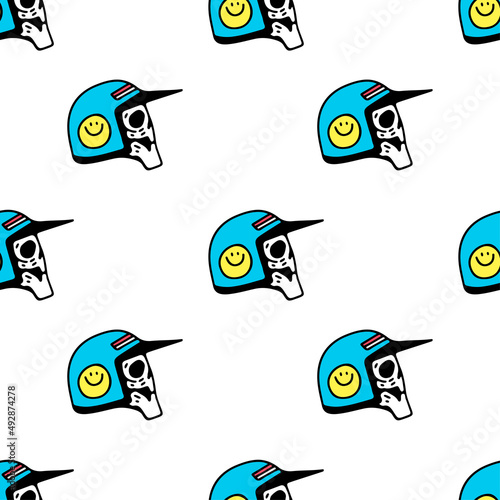 Skull head wearing biker helmet, seamless pattern background illustration for t-shirt, sticker, or apparel merchandise. With doodle, retro, and cartoon style.