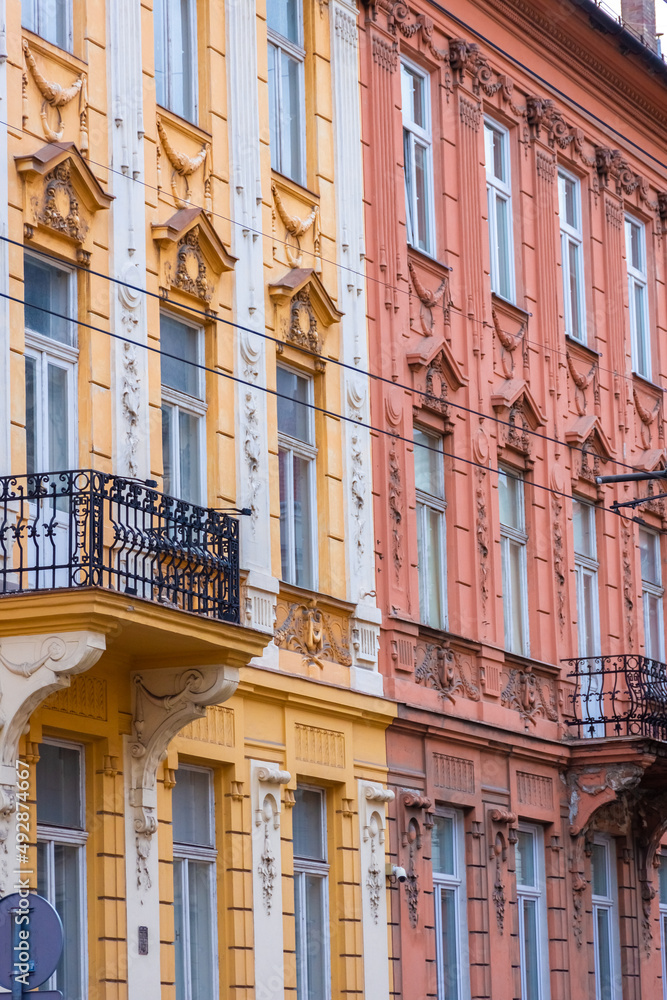 Colorful facades of the palaces in Bratislava historic center,  Slovakia