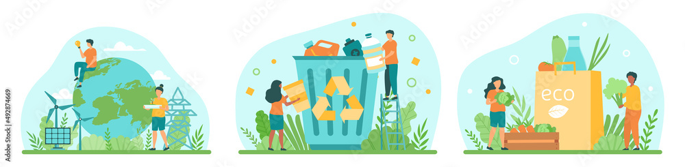 Set of sustainable lifestyle. Caring for nature, recycling and reducing ...