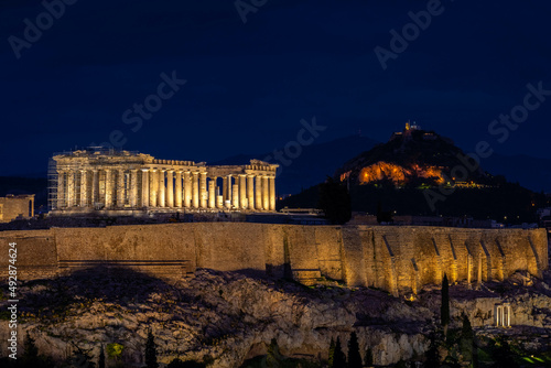 Beautiful night view of the Parthenon and the Acropolis, Athens in Greece