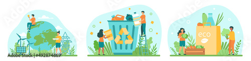 Set of sustainable lifestyle. Caring for nature, recycling and reducing emissions of harmful substances. Eco friendly activists. Cartoon flat vector illustrations isolated on green background