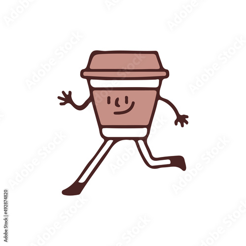 Cool coffee cup mascot character walking, illustration for t-shirt, sticker, or apparel merchandise. With doodle, retro, and cartoon style.