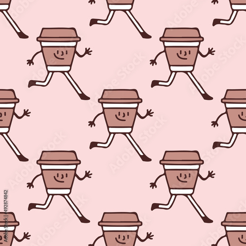 Coffee cup character, seamless pattern background illustration for t-shirt, sticker, or apparel merchandise. With doodle, retro, and cartoon style.