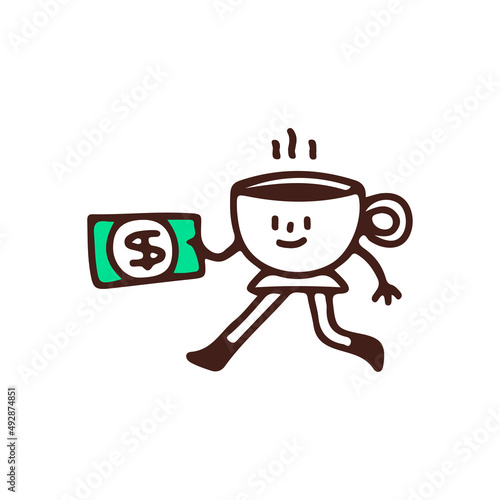Cup of coffee character holding dollar cash, illustration for t-shirt, sticker, or apparel merchandise. With doodle, retro, and cartoon style.