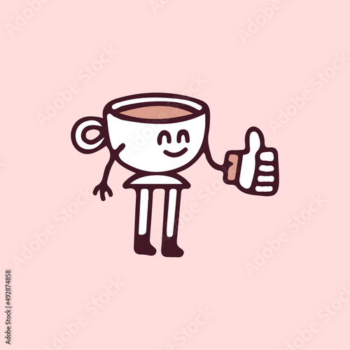 Cup of coffee mascot character holding like button, illustration for t-shirt, street wear, sticker, or apparel merchandise. With doodle, retro, and cartoon style.