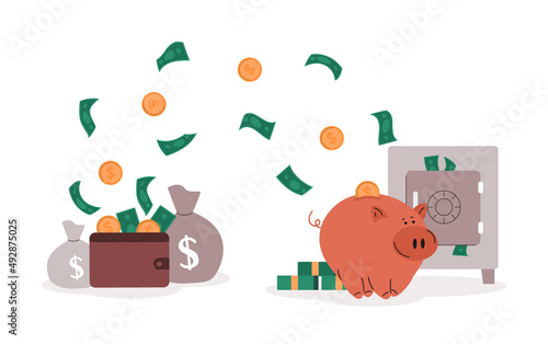Saving money concept. Sacks of banknotes and piggy bank with coins. Financial literacy and successful investing. Old ways of saving money. Reliability and security. Cartoon flat vector illustration