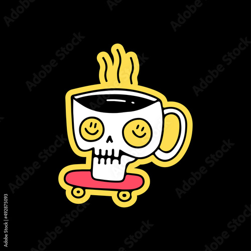 Coffee cup skull with smile face in the eyes and riding skateboard, illustration for t-shirt, sticker, or apparel merchandise. With doodle, retro, and cartoon style.