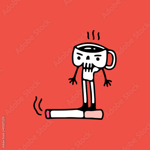 Skull coffee cup character riding cigarette, illustration for t-shirt, street wear, sticker, or apparel merchandise. With doodle, retro, and cartoon style.