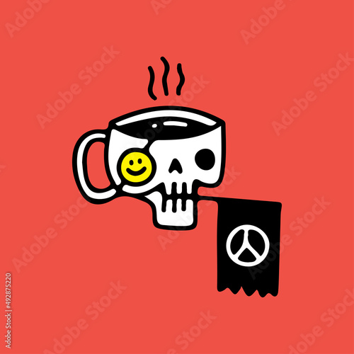 Skull mug coffee and flag with peace symbol, illustration for t-shirt, sticker, or apparel merchandise. With doodle, retro, and cartoon style.