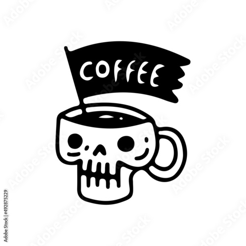 Skull cup and flag with coffee typography, illustration for t-shirt, sticker, or apparel merchandise. With doodle, retro, and cartoon style.