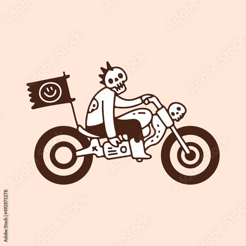 Punk skull riding motorbike with smile face flag, illustration for t-shirt, street wear, sticker, or apparel merchandise. With doodle, retro, and cartoon style.