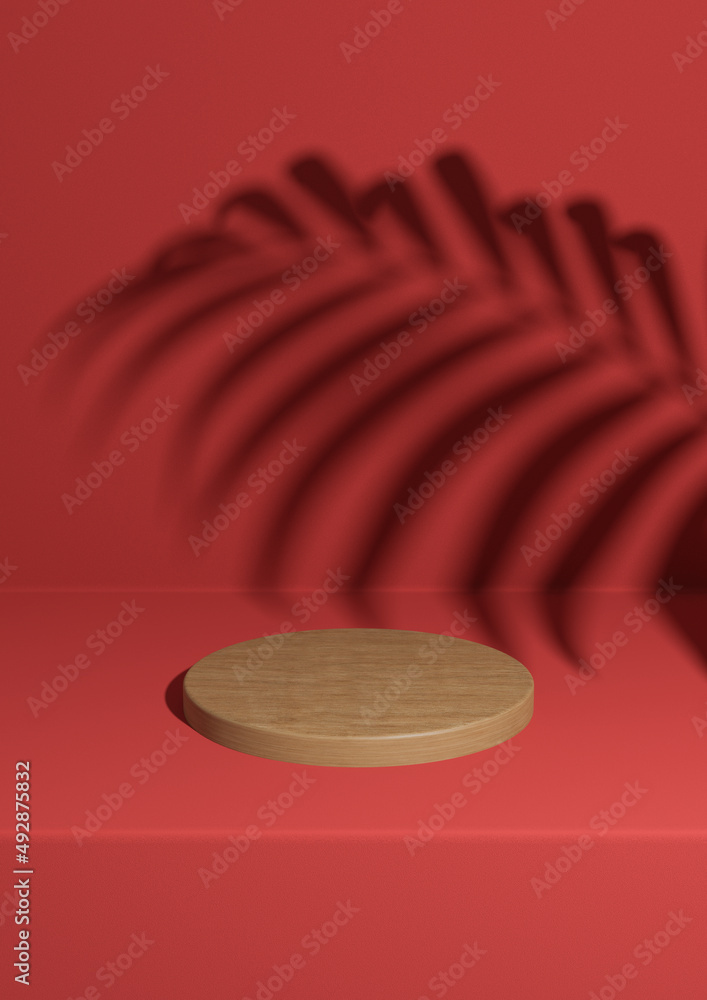 Bright maroon, dark red 3D rendering simple, minimal wooden product podium background with palm leaf shadow for nature products on cylinder stand Bright maroon, dark red 3D rendering simple, minimal wooden product podium background with palm leaf shadow for nature products on cylinder stand