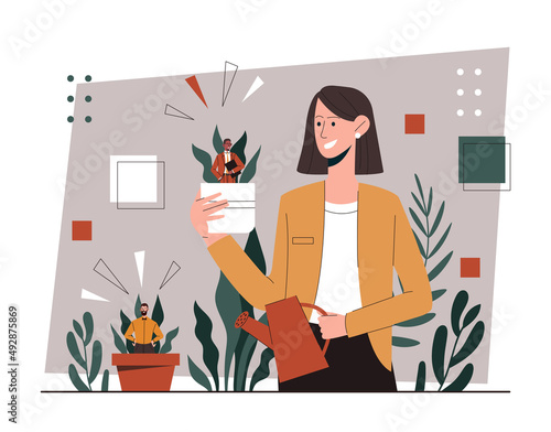 Concept of mentorship. Girl gives advice to novice entrepreneurs. Business coach or mentor leads courses. Motivation and self development. Helping talented employees. Cartoon flat vector illustration