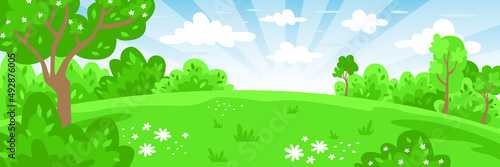 Landscape cartoon background. Vector illustration. Green nature. Spring or summer landscape for kids