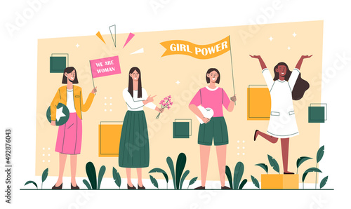 International womens day. Girls power and feminism and, girlfriends with flags and figures. Minimalist banner or poster. Graphic elements for site, greeting card. Cartoon flat vector illustration