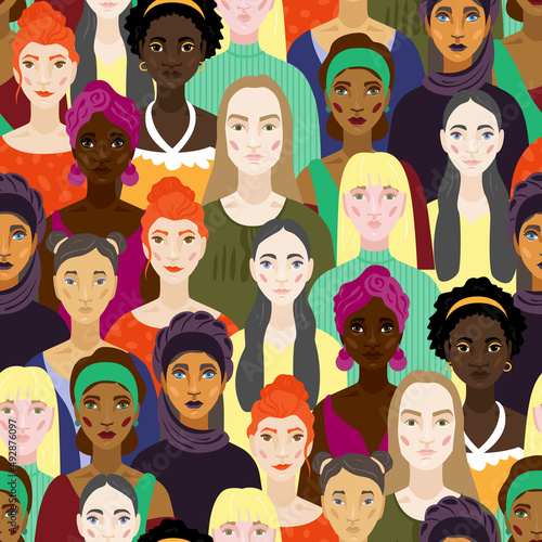 Women seamless patern. Vector illustration with women of different nationalities. Female multiracial faces