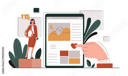 Increase social media. Girl likes picture. Internet promotion, popular blogger. Useful or interesting content, page design, information and modern technologies. Cartoon flat vector illustration