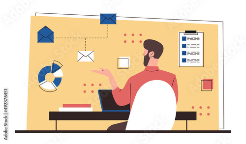 Happy man work. Hardworking employee, programmer at workplace. Manager fills out report, freelancer writes code for site or develops application. Modern technologies. Cartoon flat vector illustration