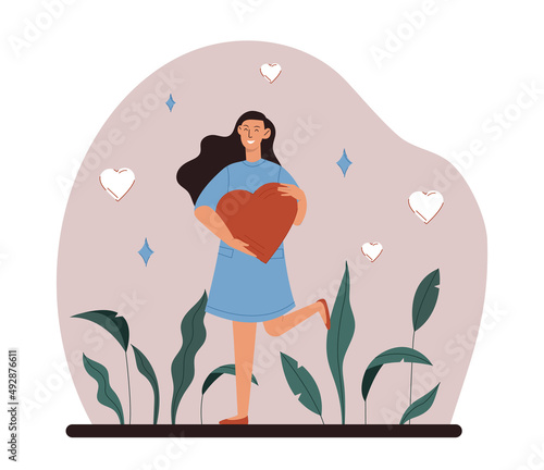 Female hugging heart. Metaphor of love and support. Character for greeting or invitation cards. Valentines day and romance. Self love, positivity and mental health. Cartoon flat vector illustration